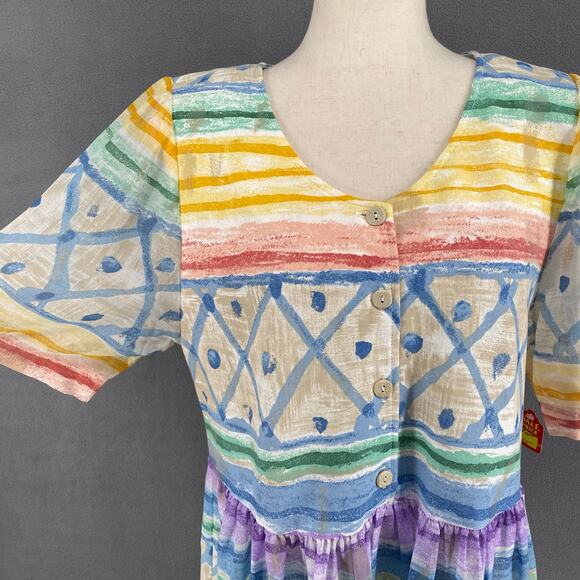 Vtg 80s 90s Two Potato Artsy A Line Midi Dress M Sheer NOS Coastal Pastel - Picture 5 of 16